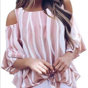 NWOT-Pale Pink & White Striped Cold Shoulder Top